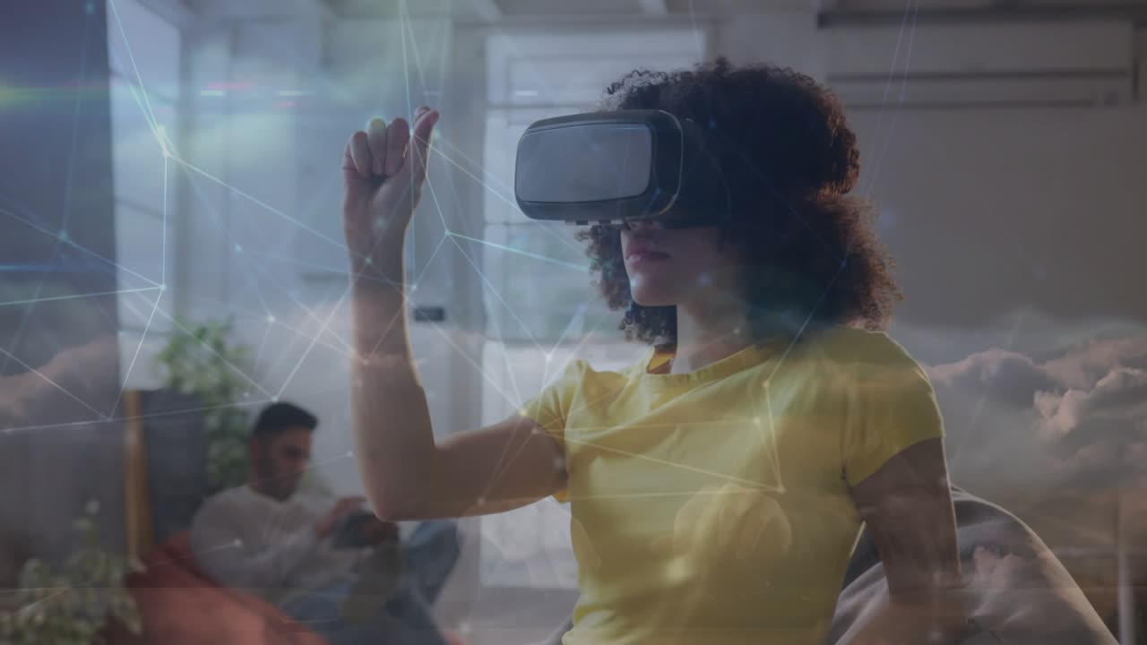 VR user raising finger and activating menus, navigating world for technology demo