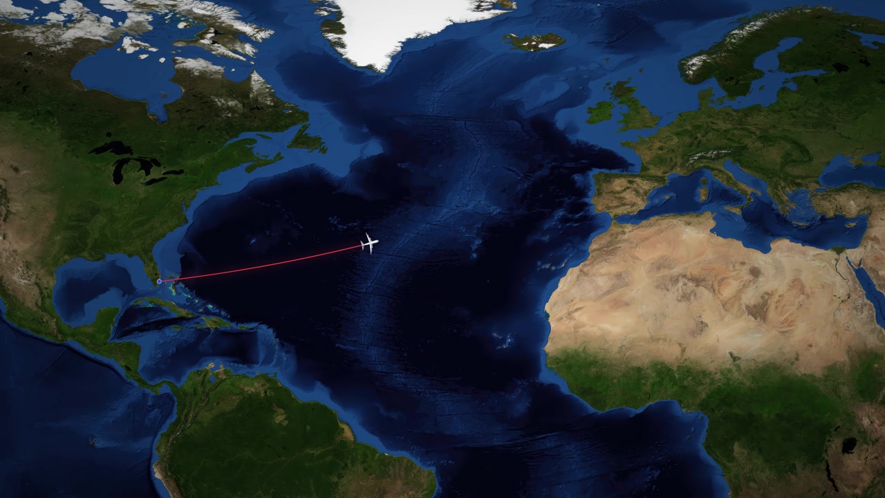 Satellite world map animation tracks a commercial airplane flying from Miami to Copenhagen across Atlantic