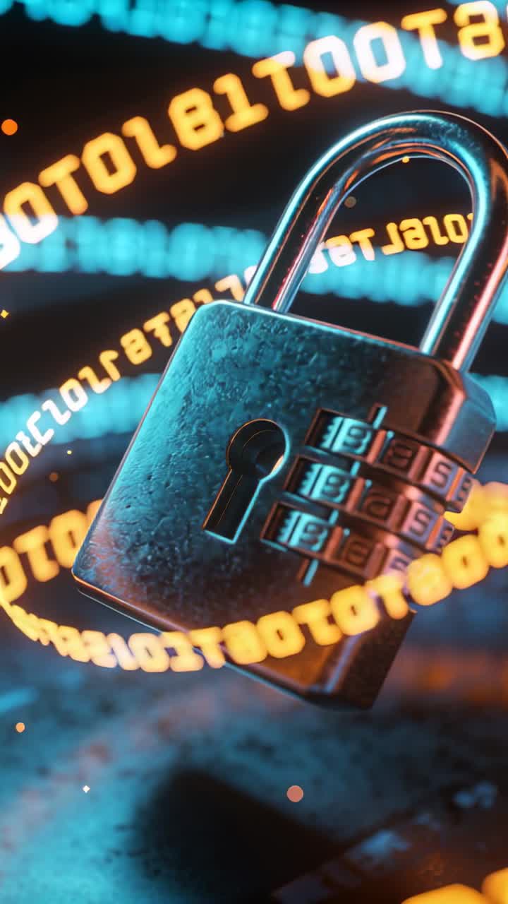 Video verticale: Macro che rivela un lucchetto che gira tre quadranti in un cyberspazio con elementi digitali arancioni e ciano.