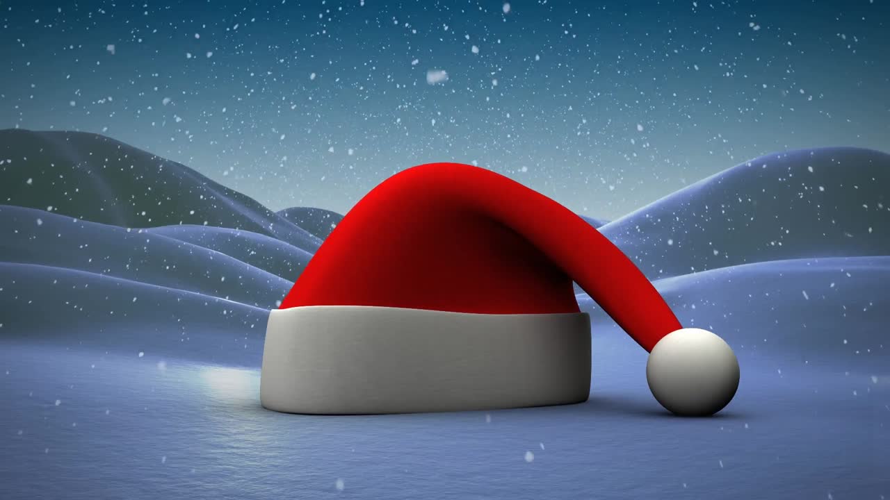Animation of santa claus hat over snow falling and winter scenery ...