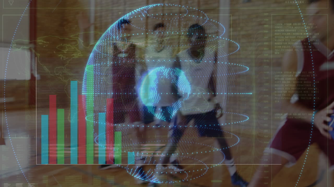 Animation of data charts overlaying basketball players practicing in school gym