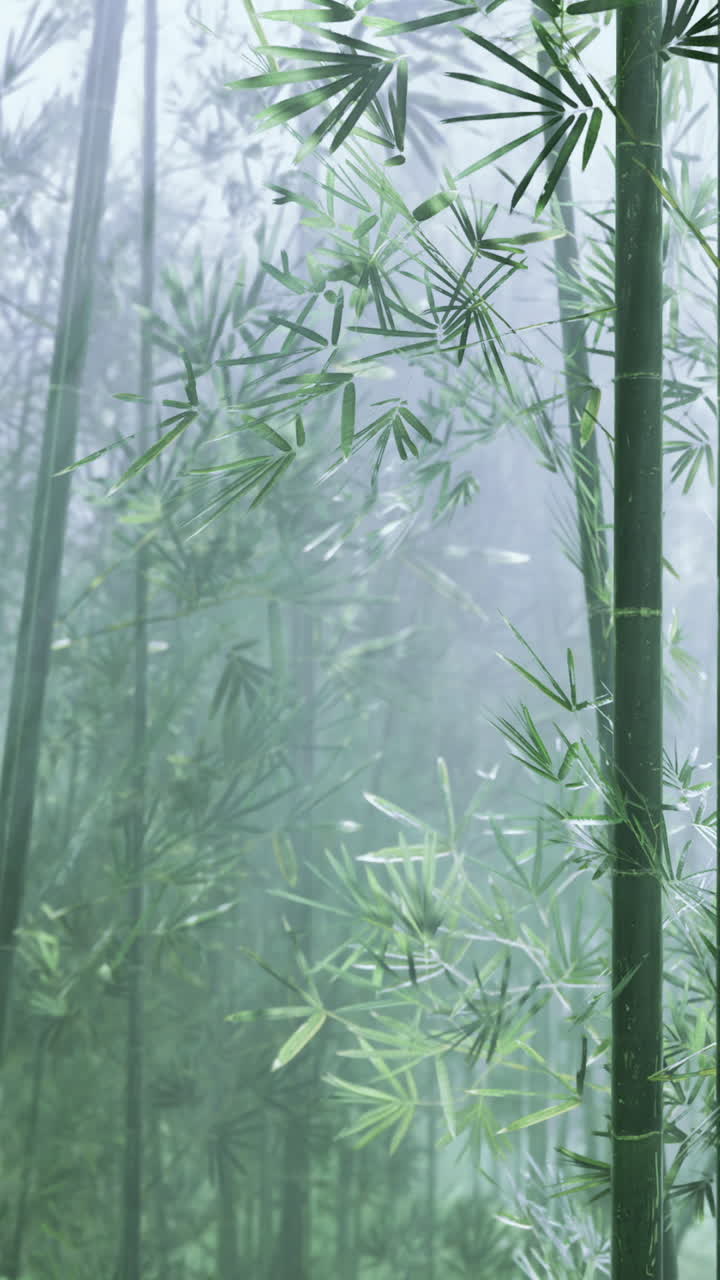 Foresta di bambù avvolta dalla nebbia alla luce del primo mattino con foglie verdi visibili.