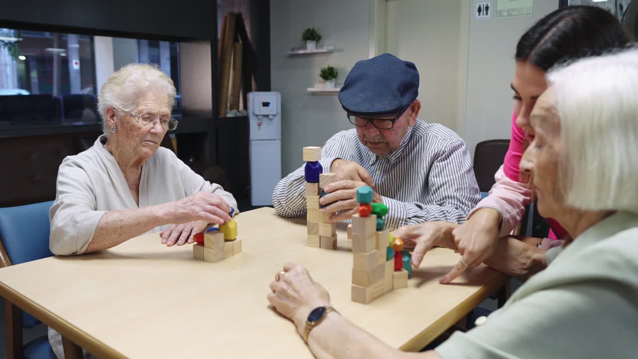 Seniors Playing with Wooden Blocks