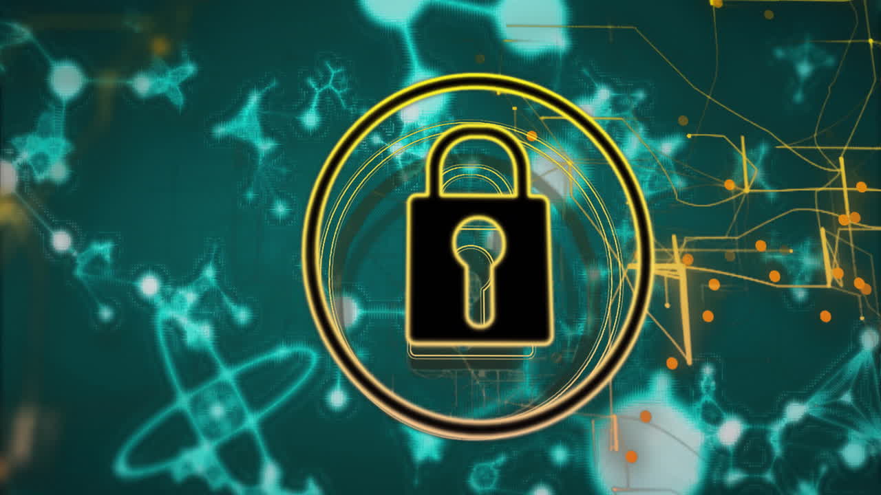 animación de símbolo de bloqueo sobre fondo digital abstracto con estructuras moleculares