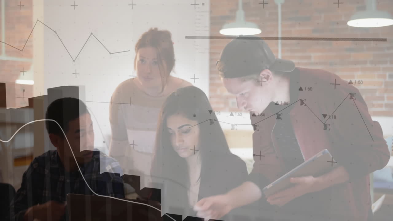 Collaborating over financial data, diverse team creating animation in modern office