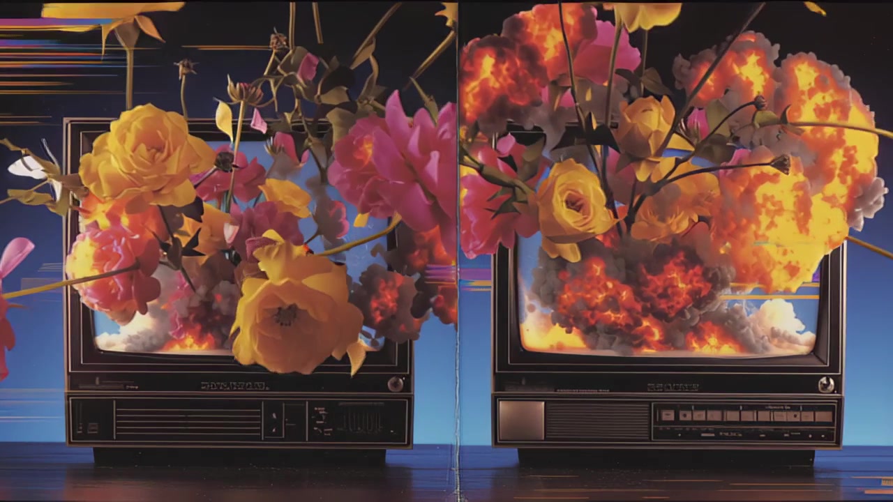 Filmato concettuale che mostra fiori luminosi che emergono da televisori retrò mentre fiamme e fumo riempiono gli schermi, fondendo natura e tecnologia in una drammatica scena in studio.