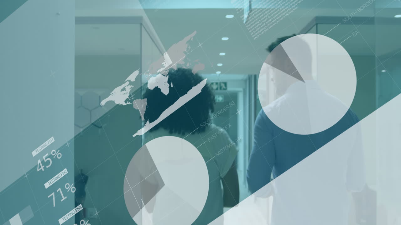 Animation of data processing over rear view of diverse man and woman discussing at office corridor