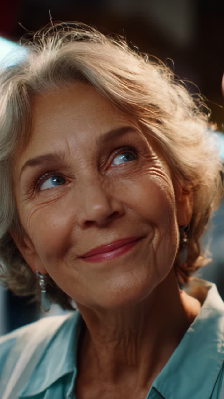 A woman with silver hair and a warm smile shares a thoughtful moment, radiating kindness and wisdom as she engages in conversation in a cozy environment