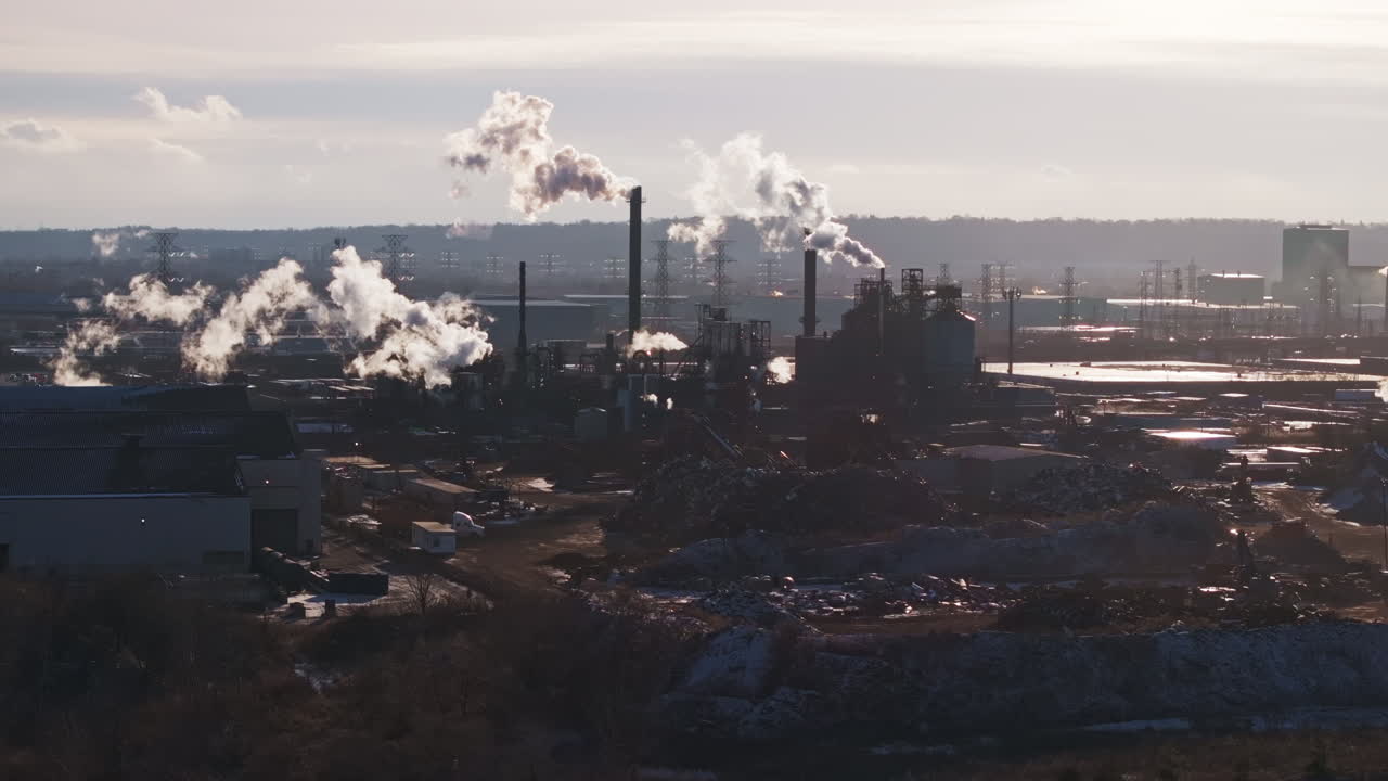 Industrial complex with smokestacks against a clear sky, steam rising, wide shot, daylight
