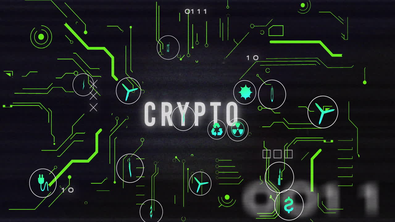 Digital symbols and CRYPTO text animation over dark blurred background