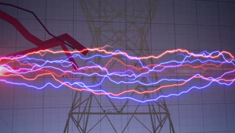 animation of data processing with red lines over electricity trails and pylon landscape