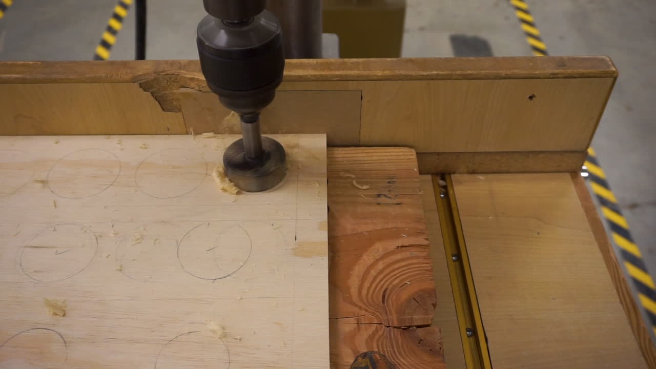 Close-up clip of a drill press in the process of drilling a hole in a small sheet of plywood. Located in a high school wood shop.