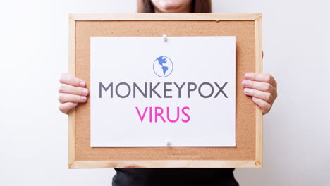 woman holding a sheet of paper with the inscription monkeypox virus close up
