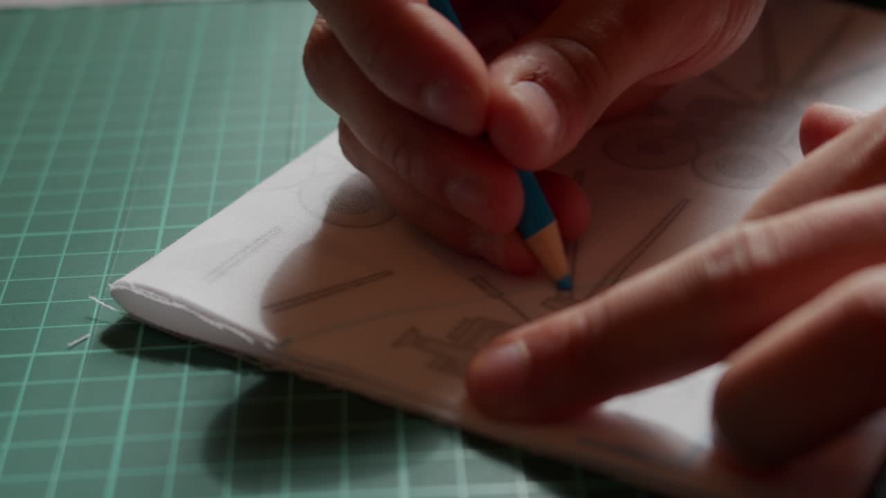 Marking on fabric with a blue marker in slow motion close up