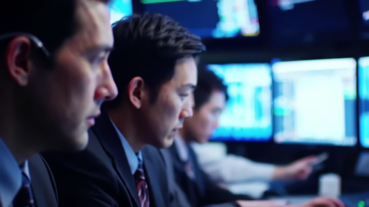 Professional Traders Focused on Market Analytics in a High-Tech Trading Room Environment with State-of-the-Art Screens and Data Visualizations