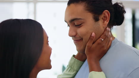 face, kiss and couple in new house with love