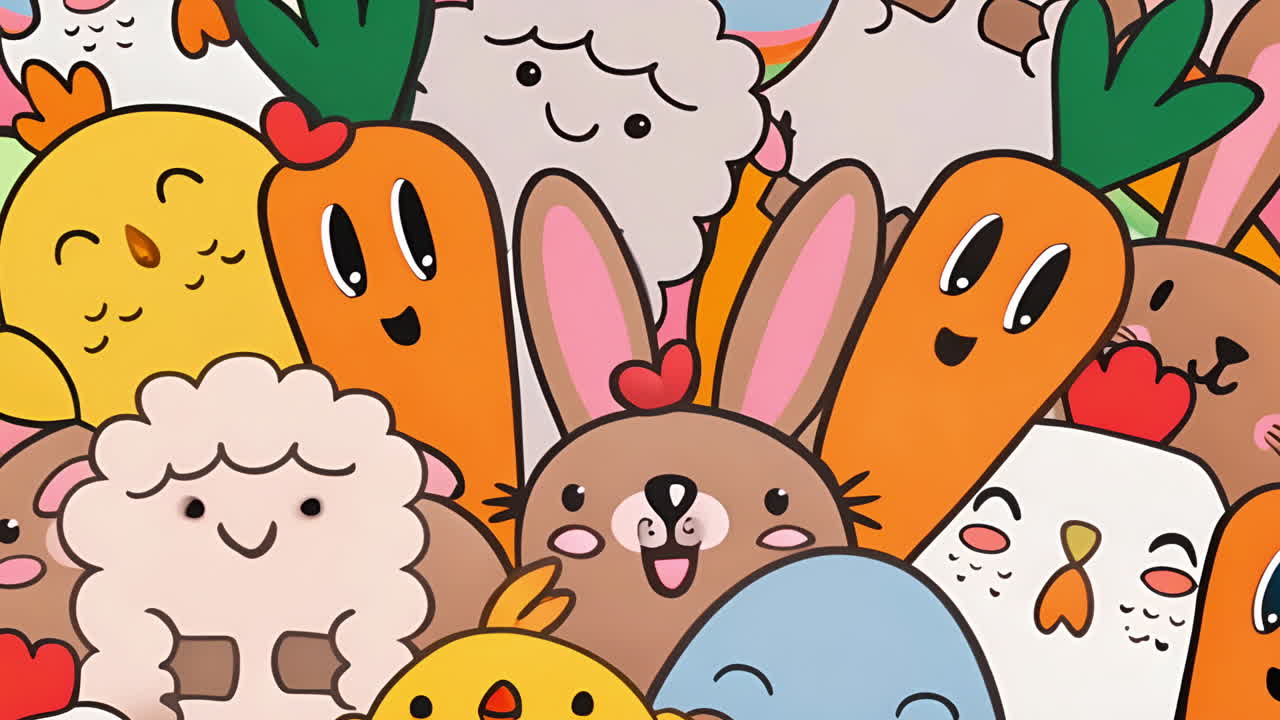 Cute Cartoon Animal and Vegetable Doodle Pattern