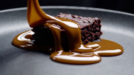 caramel sauce pouring over a decadent chocolate brownie