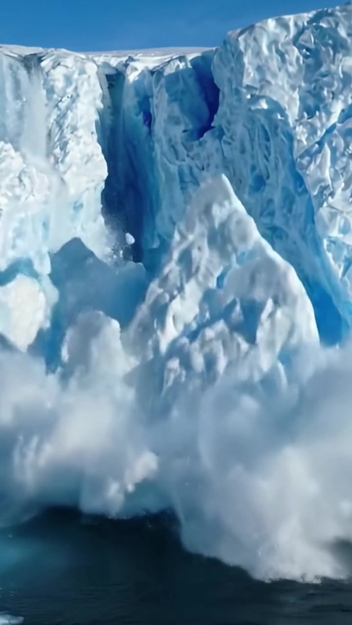 Maestosa scogliera di ghiaccio con cascata: uno spettacolo mozzafiato di formazioni glaciali e riflesso nelle acque cristalline di una regione polare.