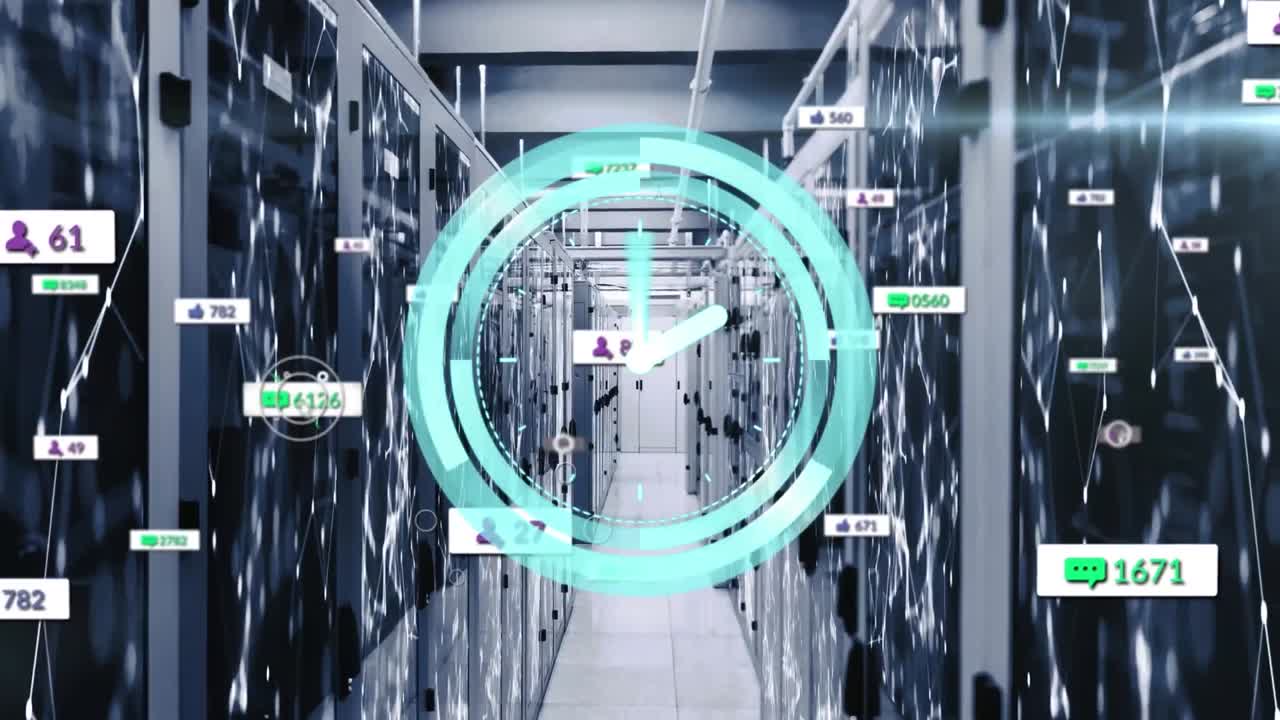 Neon ticking digital clock and social media icons on multiple speech bubble against server room