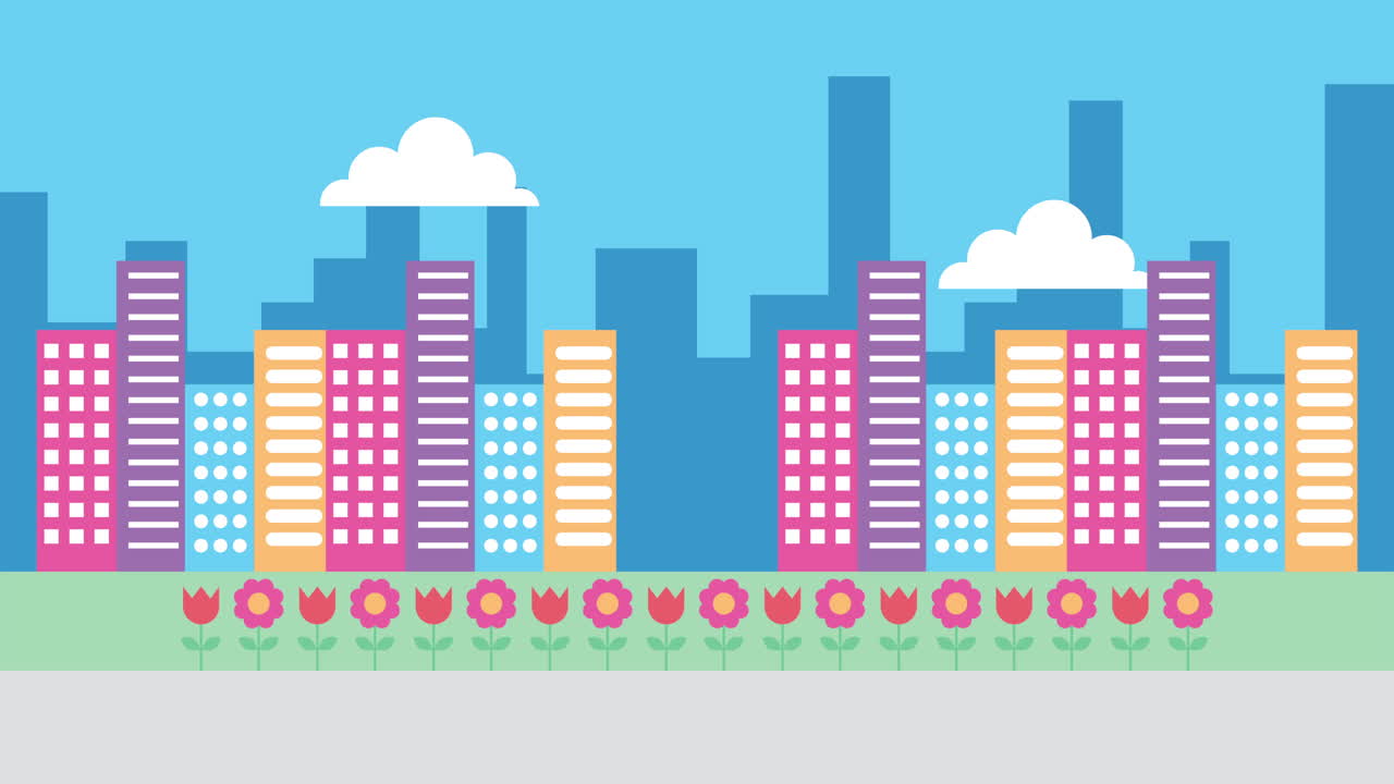 paisagem urbana cena de edifícios e flores de jardim