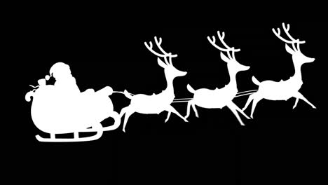 Animation-Der-Weißen-Silhouette-Des-Weihnachtsmanns-Im-Schlitten,-Der-Von-Rentieren-Auf-Schwarzem-Hintergrund-Gezogen-Wird