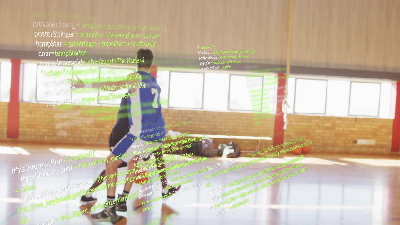 Red dribbling causing blue defender shuffling on sports court as third entering with animated stats