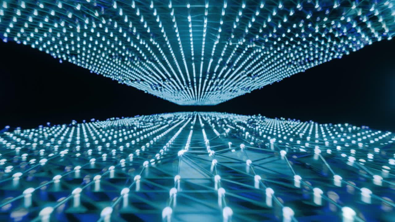 Animation of two blue mesh of connections on black background