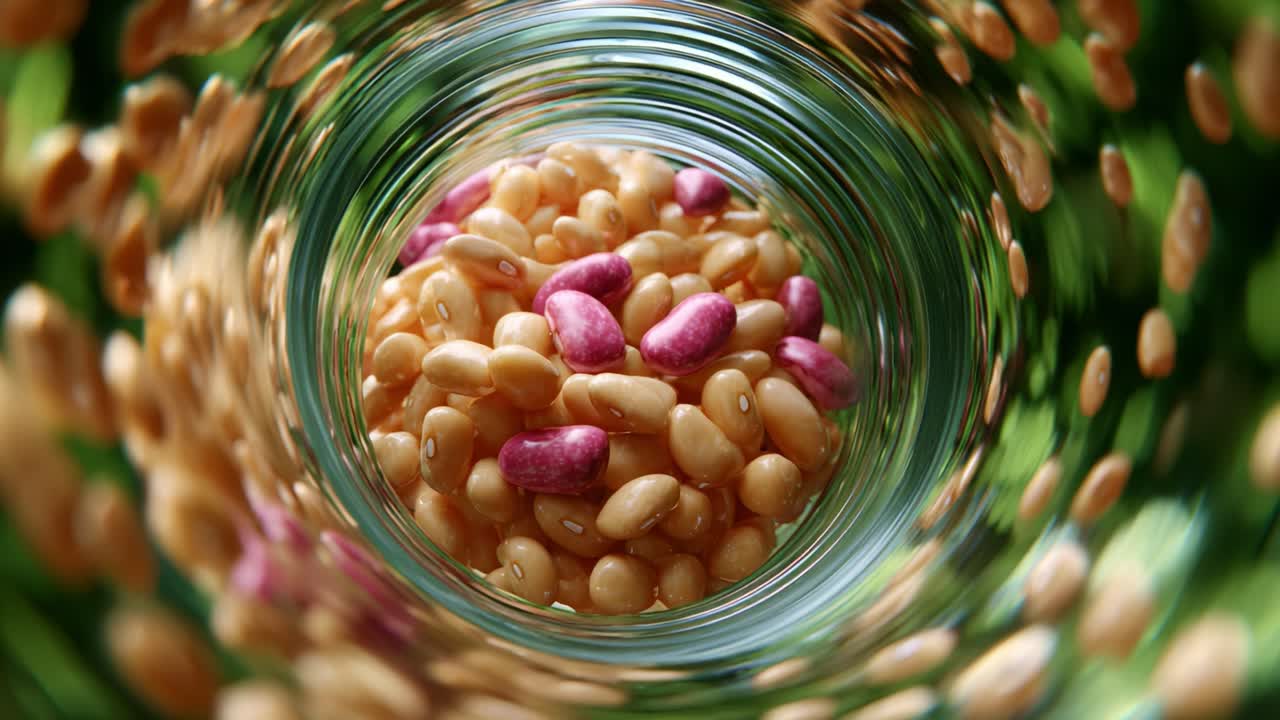 Close-up View of Colorful Beans in a Glass Jar Surrounded by Greenery, Highlighting Textures and Natural Colors for a Vibrant and Captivating Visual Experience