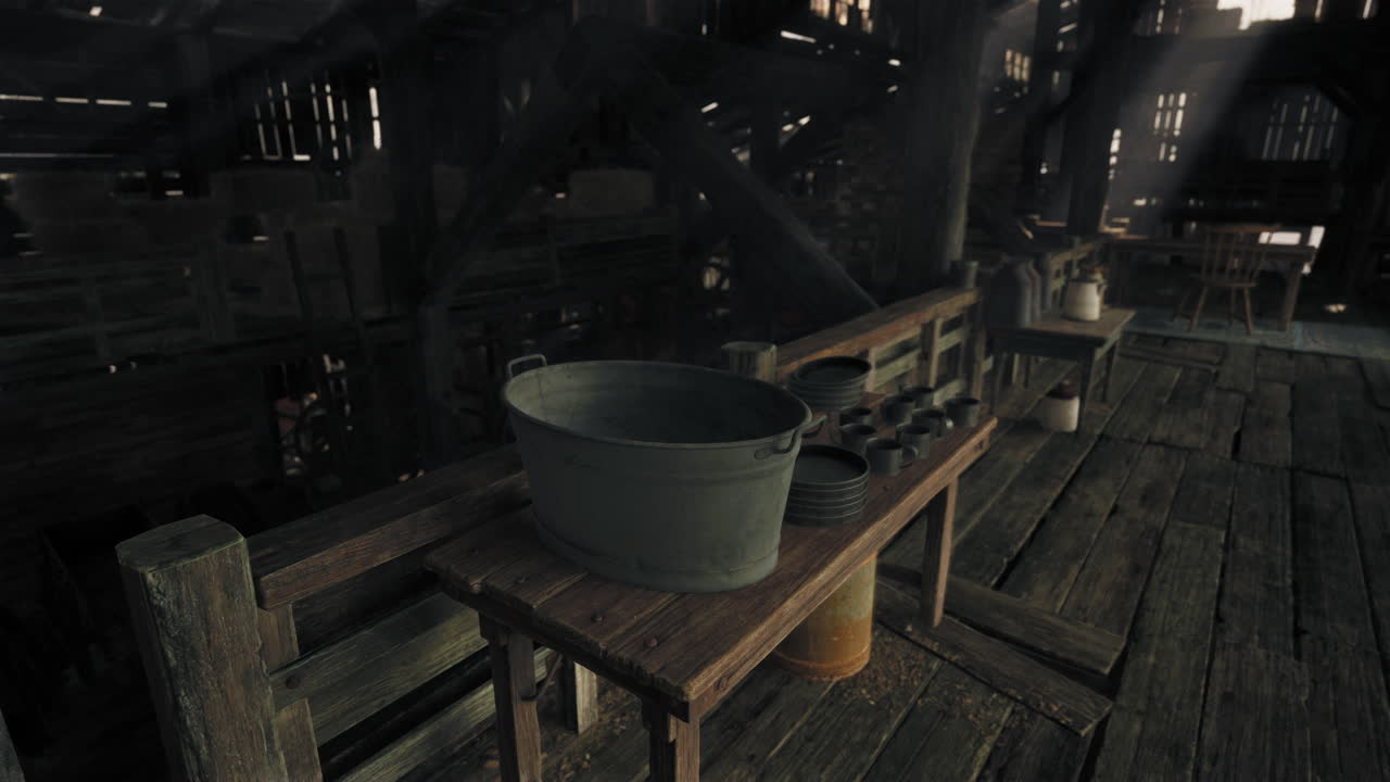 시골 의 창고 내부 의 창문 을 통해 흐르는 빛