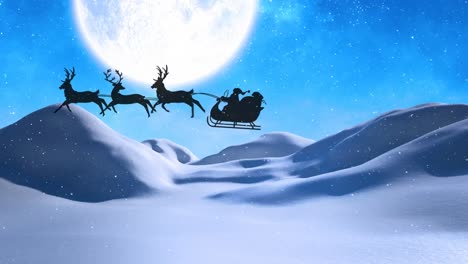 Silhouette-Des-Weihnachtsmanns-Im-Schlitten,-Der-Von-Rentieren-über-Den-Schnee-Gezogen-Wird,-Der-Auf-Die-Winterlandschaft-Fällt