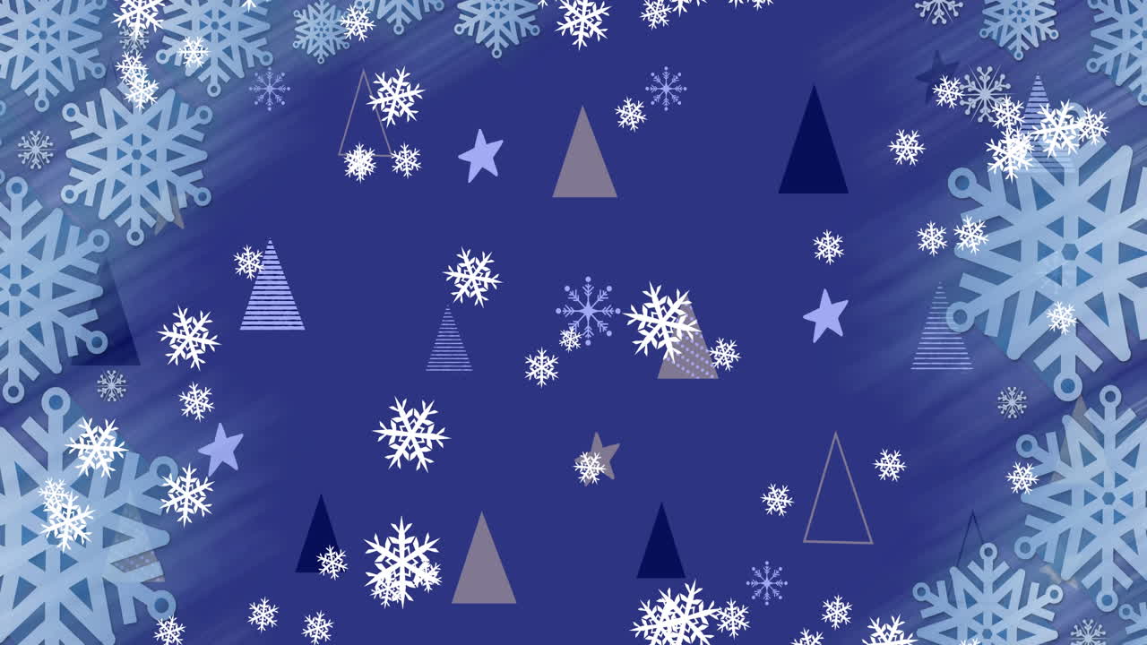 파란색 배경에 눈이 떨어지는 크리스마스 트리 패턴의 애니메이션