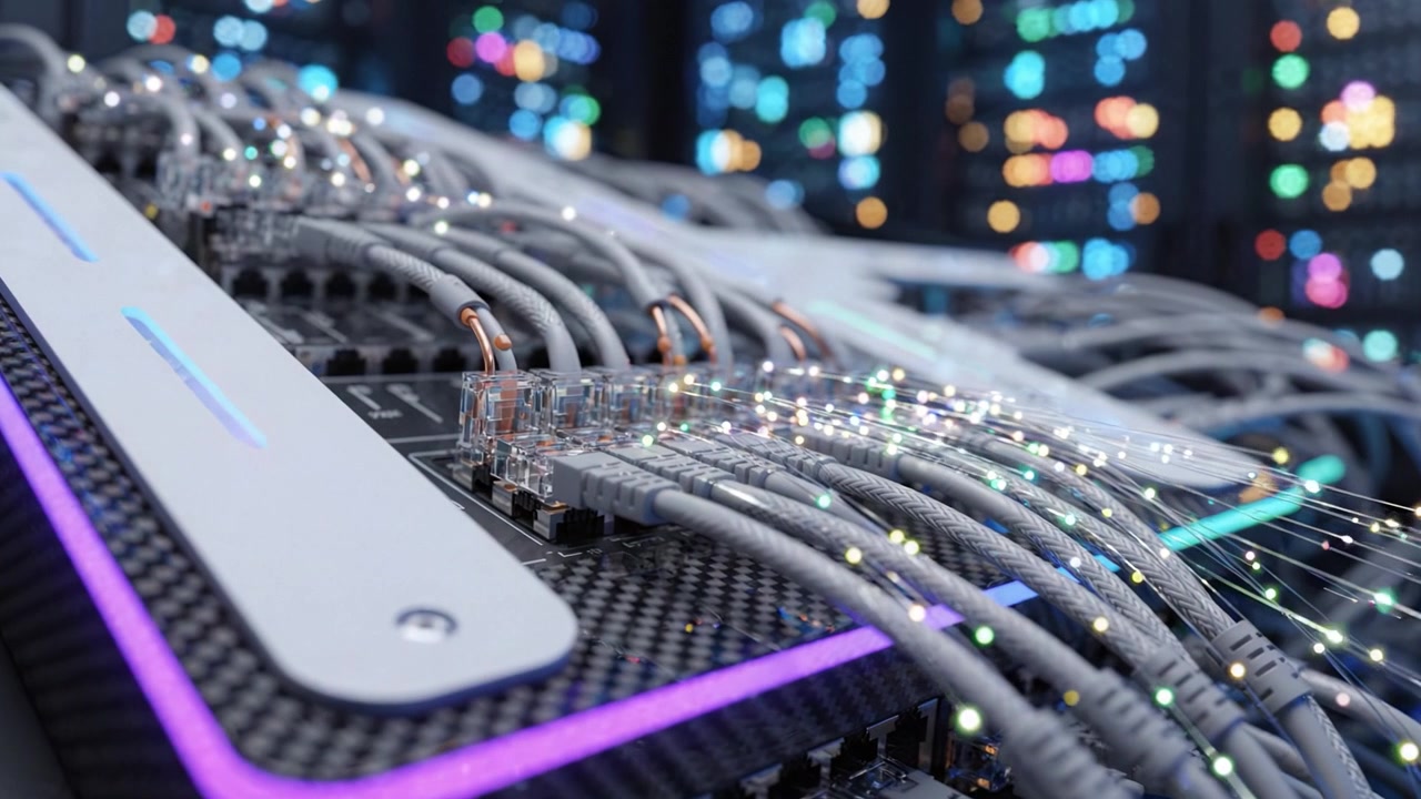Advanced Data Center Infrastructure Featuring High-Performance Network Cables and Colorful LED Background, Illustrating Modern Connectivity and Technology