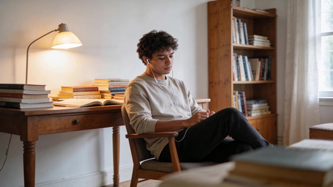 Listening with wired earphones, adolescent student in sweater writing notes on tablet in home study
