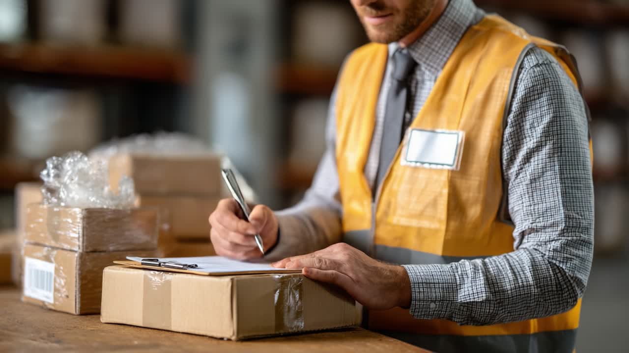 A warehouse worker in a reflective vest meticulously documents package details while preparing for shipment or delivery in a busy logistics environment with stacked boxes