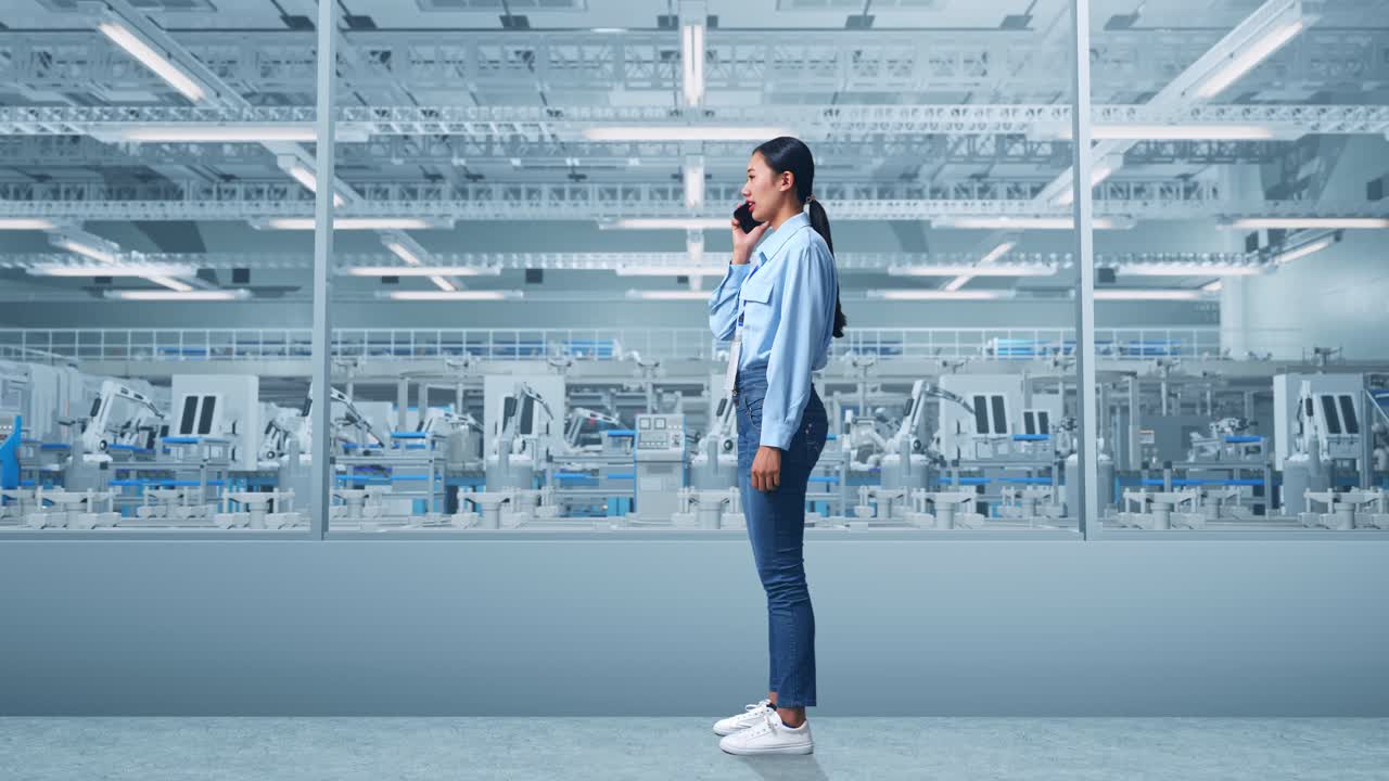 Full Body Side View Of An Asian Female Professional Worker Standing at Factory Digitalization for Innovative Project, She Is Speaking With Someone In The Phone