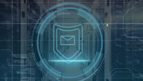 animation of shield icon and data processing over computer servers