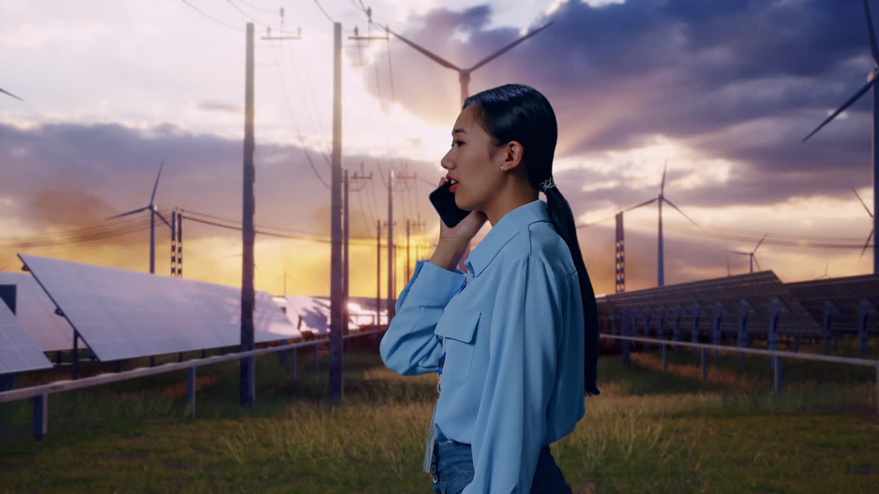 Side View Asian Female With Solar Panel and Wind Turbines, She Pick The Phone Up And Started To Specking To It With A Slicely Smile