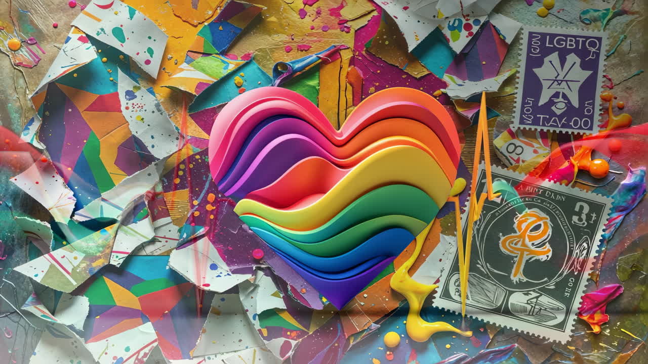 Vibrant Rainbow Heart in Abstract Collage Art