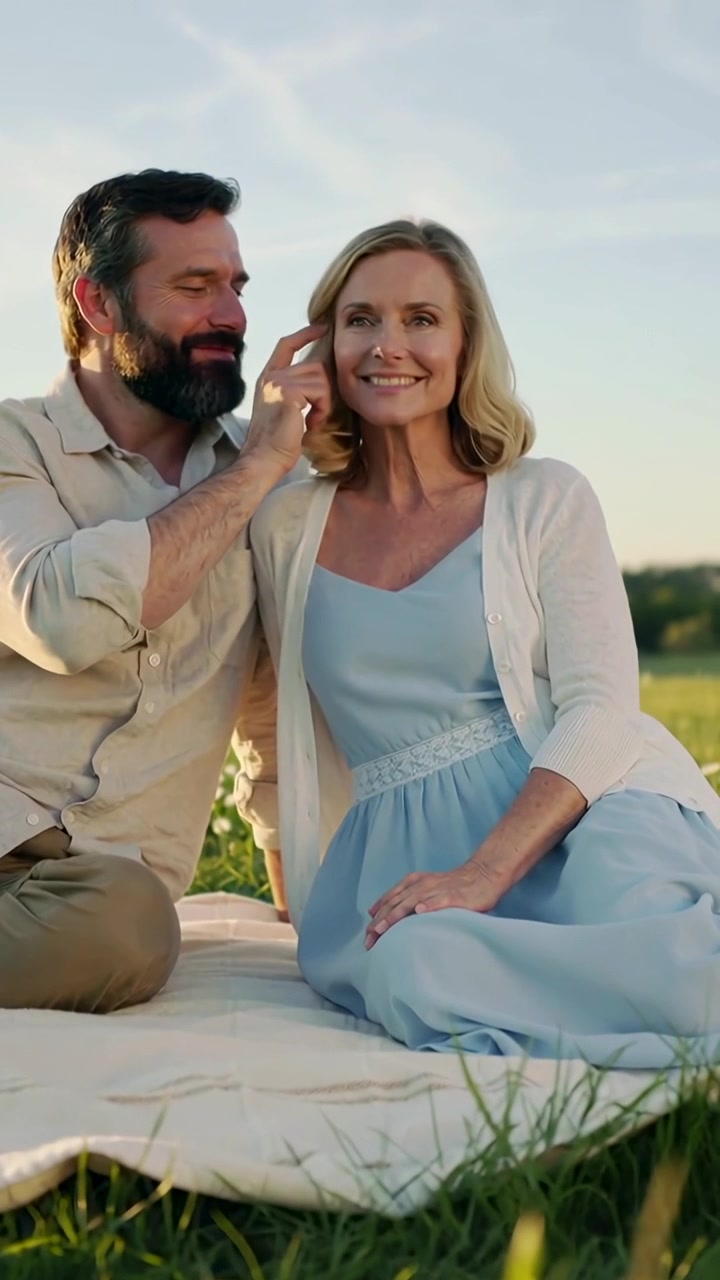 Vertical video: Reaching bearded man tucking partner's hair on blanket in field, showing affection