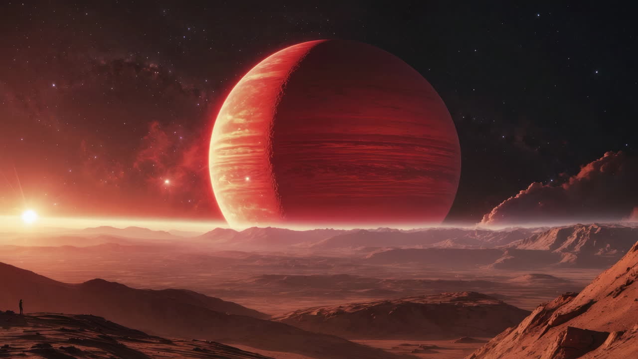Red Exoplanet Dominating an Alien Landscape at Sunrise