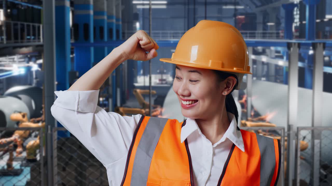 안전 헬을 착용한 아시아 여성 엔지니어가 풍력 터빈 제조 공장에서 서서 로 팔이 작동하는 동안 카메라에 미소 짓고 이를 구부리고 있습니다.