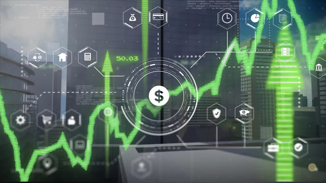 animación de datos financieros y análisis del mercado de valores sobre el fondo del paisaje urbano