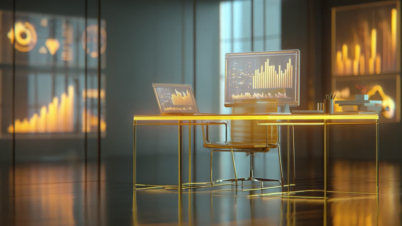 Modern workspace featuring a sleek desk with dual monitors displaying dynamic graphical data visualizations and illuminated walls, highlighting a contemporary design aesthetic in an office environment