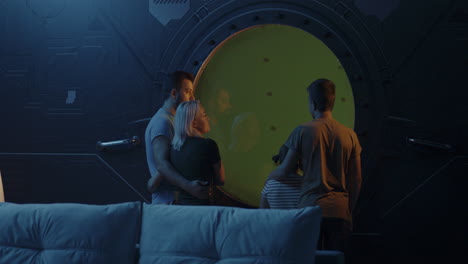 family exploring a futuristic spaceship door