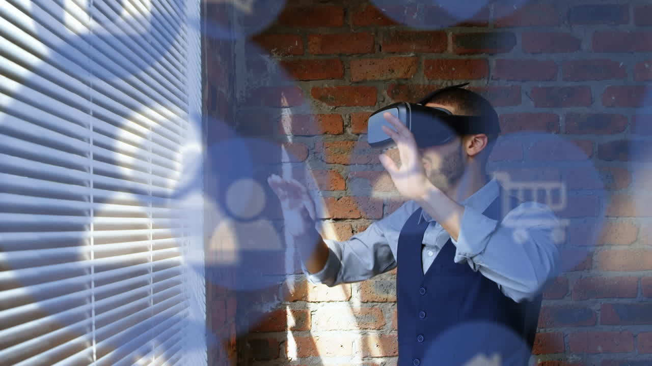 vr 헤드을 사용하는 두 인종 사업가에 대한 아이콘의 애니메이션