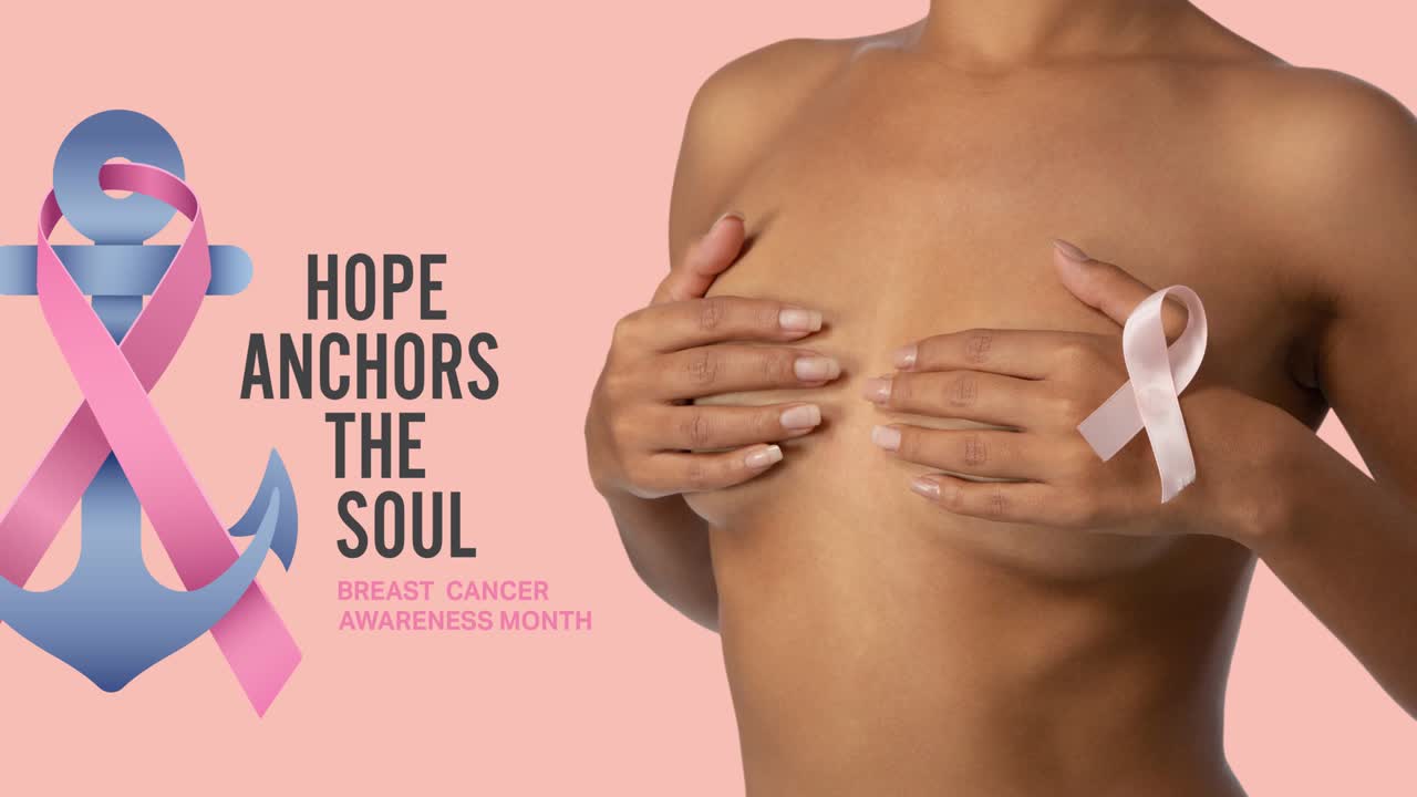Animation of pink ribbon anchor logo with breast cancer text over women covering the breast