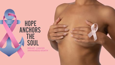 animación del logotipo del anclaje de cinta rosa con texto de cáncer de mama sobre las mujeres que cubren el pecho