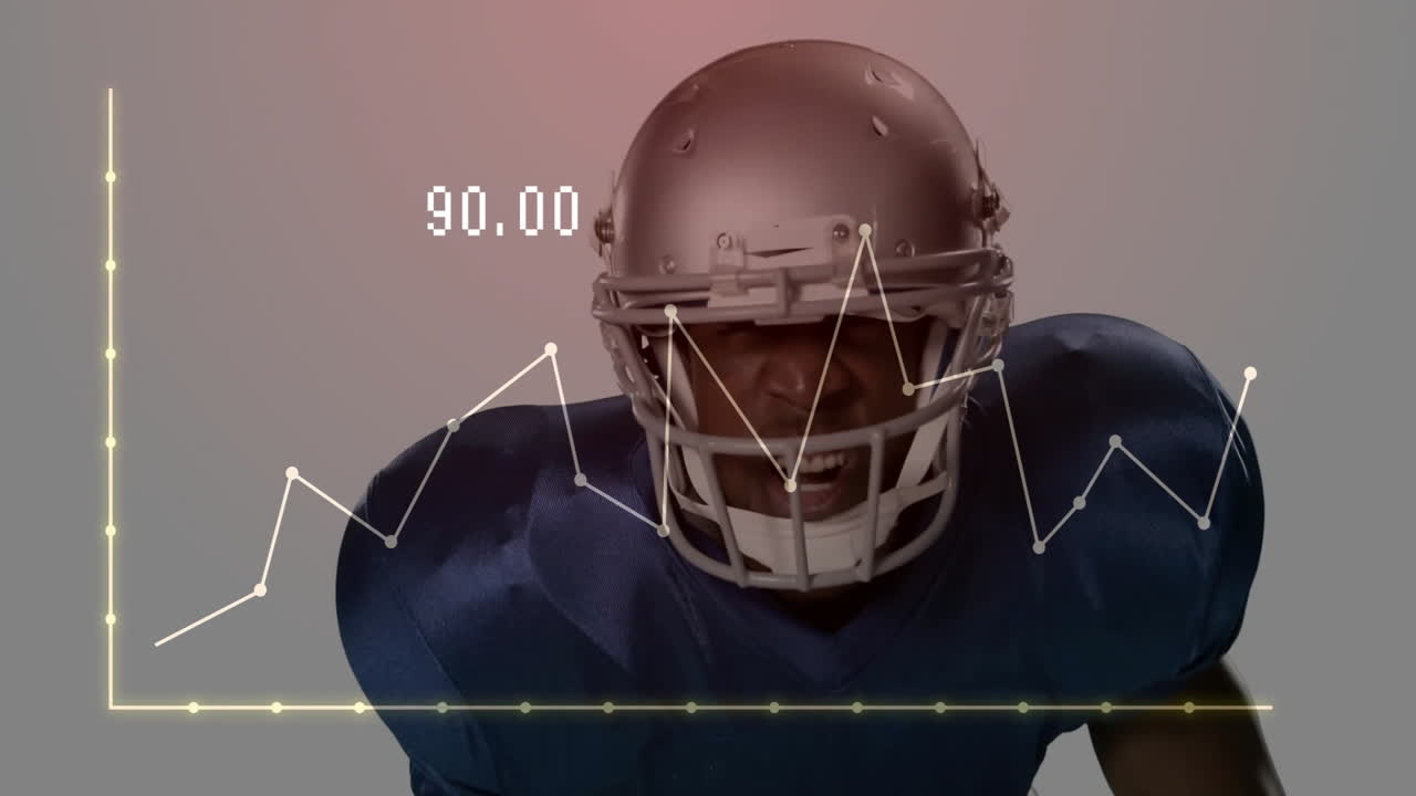 A scuola, animazione di un giocatore di football americano in maglia blu con grafico dati sovrapposto.