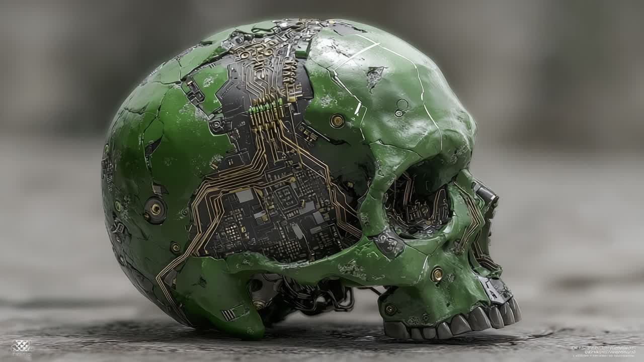Un teschio verde futuristico con tecnologia e circuiti integrati: una fusione mozzafiato di design organico e meccanico che cattura l'essenza dell'evoluzione cibernetica.